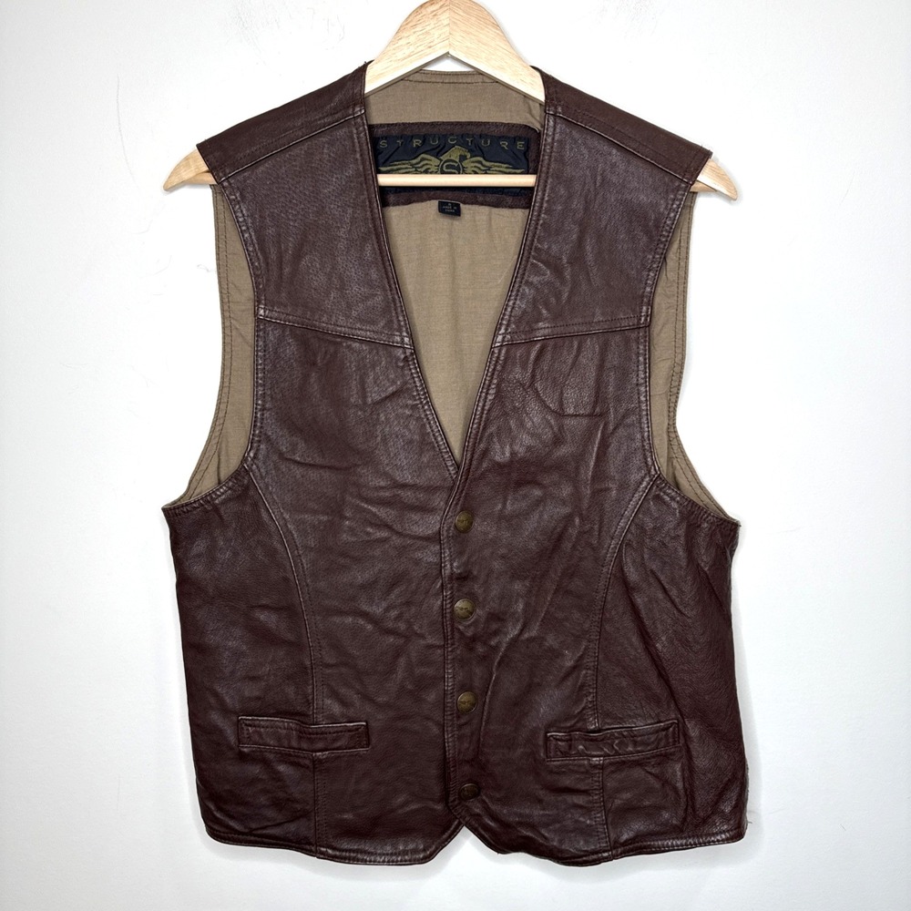 Vintage Structure Pebbled Leather Vest Men's S Brown Moto Biker Cowboy Rodeo 90s